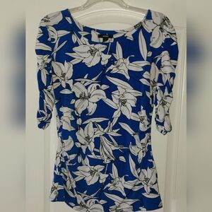 Alfani Top Floral Ruched Blue/White Women Sz M Like New